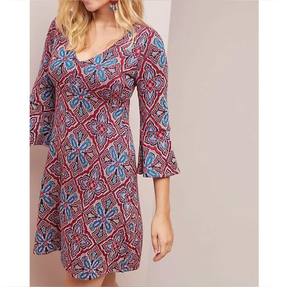 Anthropologie Maeve Barrie Sweater Dress V-Neck Knit Bell Sleeve Boho Size Large